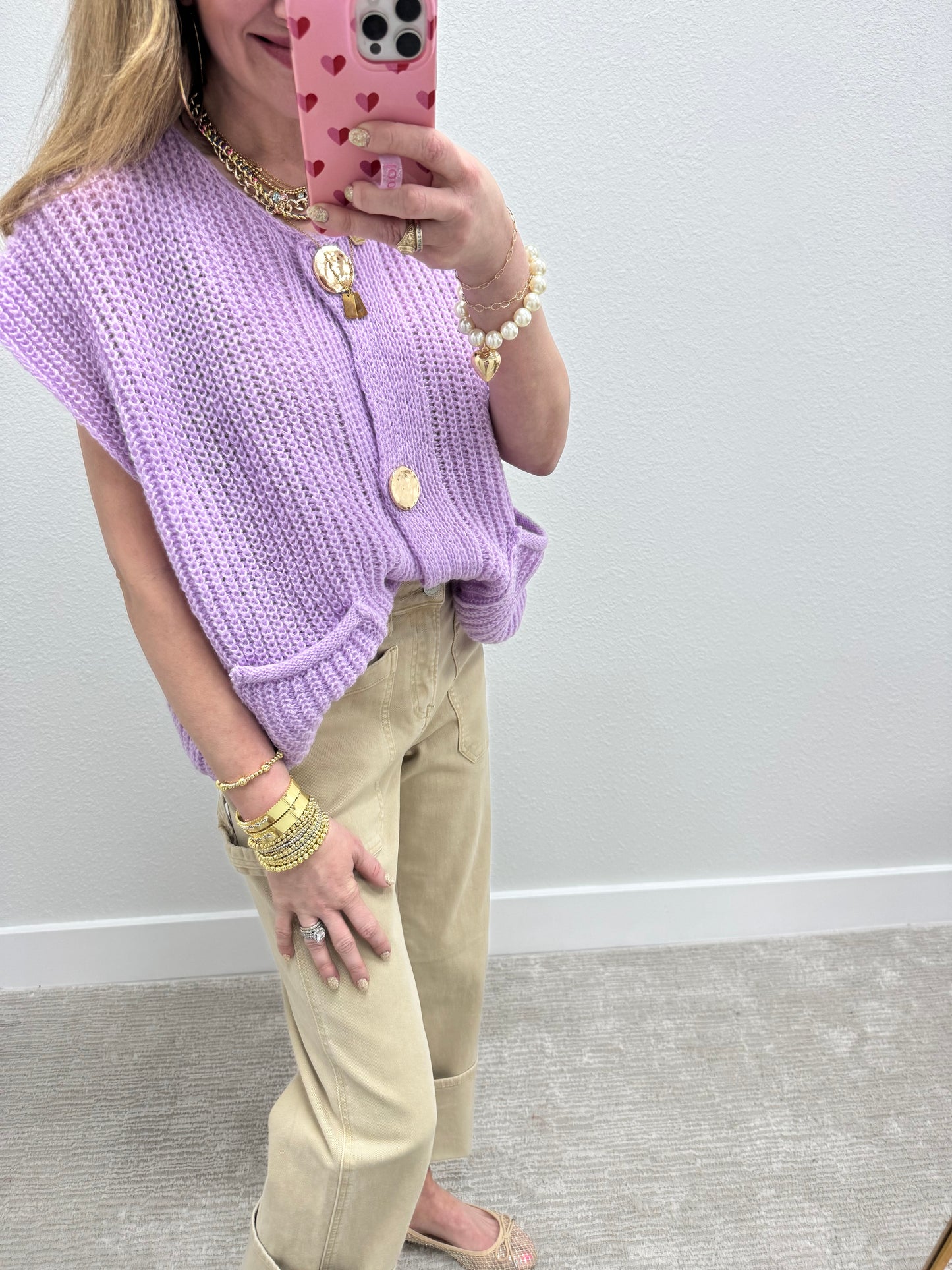 Light Purple Knitted Sweater Tank with Gold Buttons