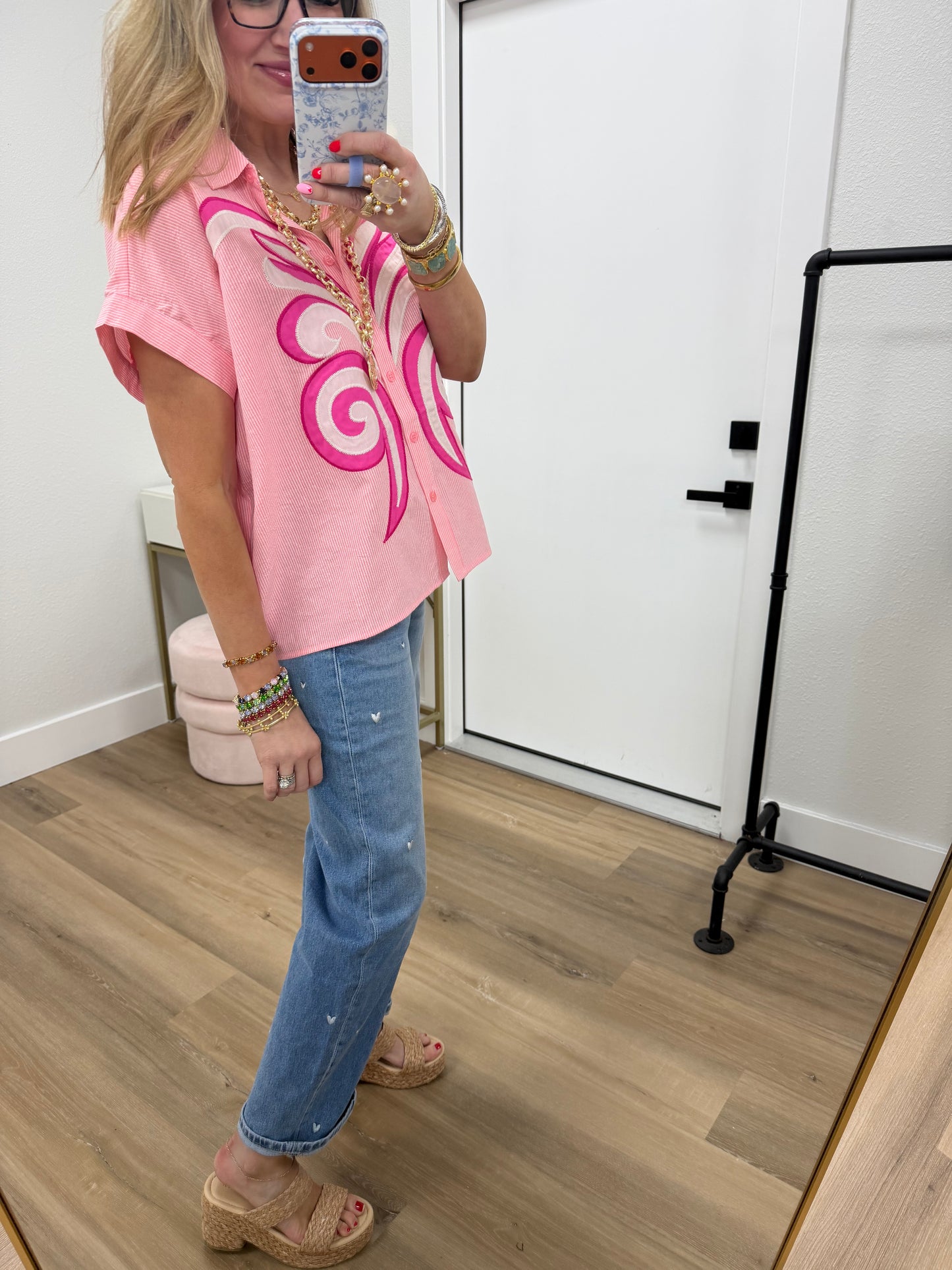 Pink Collared Stripe Paisley Embroidered Front Design Top