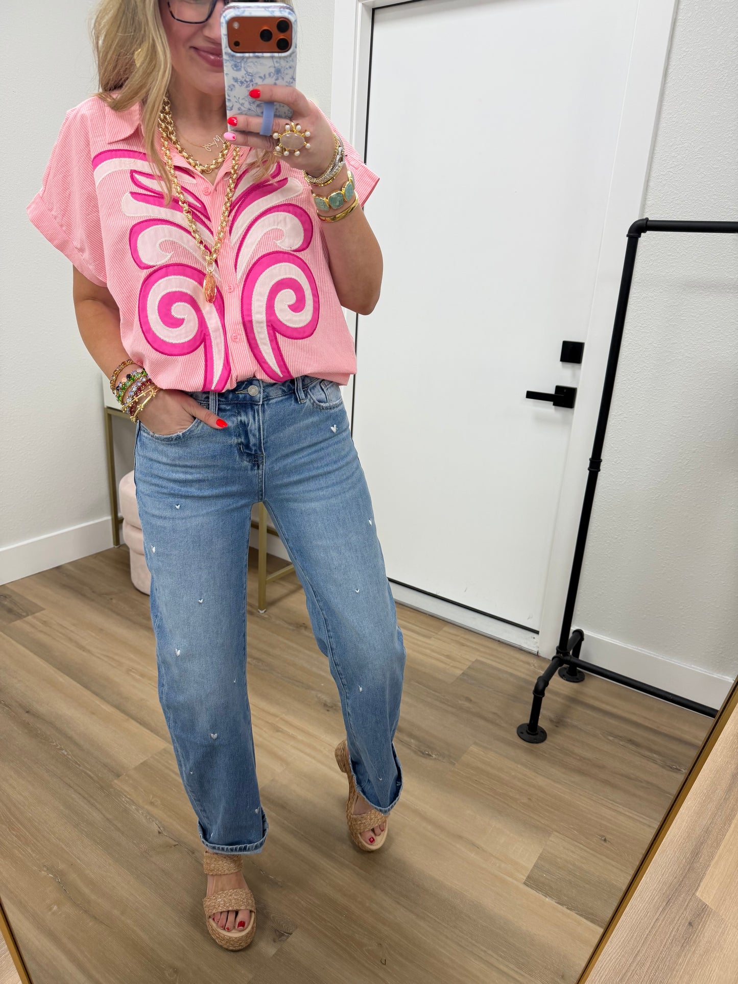 Embroidered Heart Mid Rise Jeans