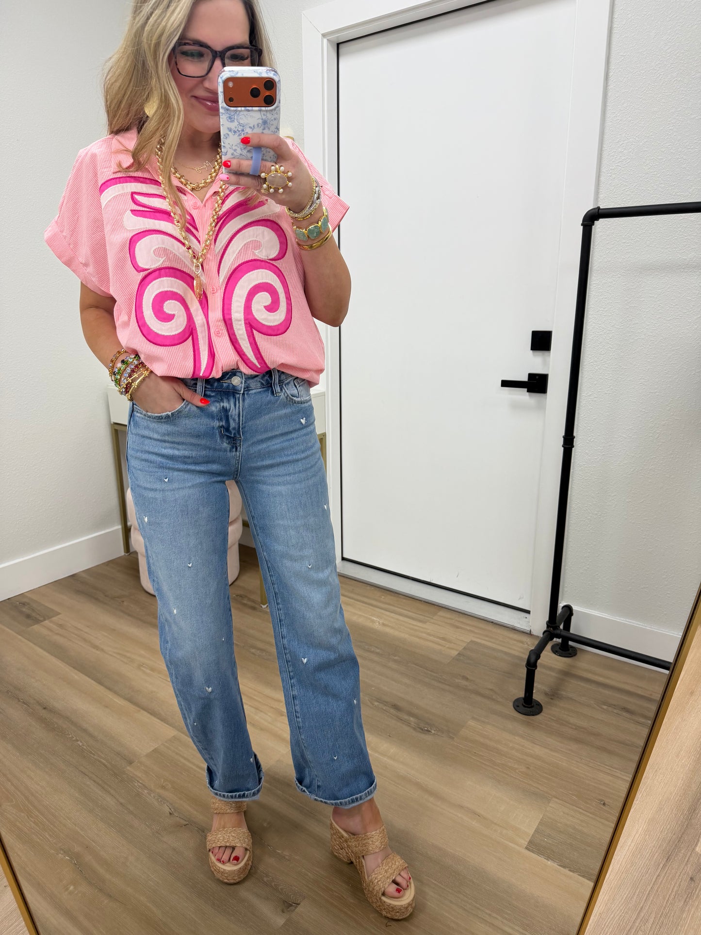 Pink Collared Stripe Paisley Embroidered Front Design Top