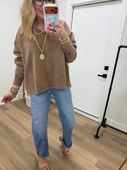 Brown Oversized Vneck Flowy Pullover Top FS
