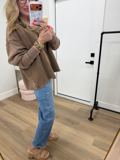 Brown Oversized Vneck Flowy Pullover Top FS