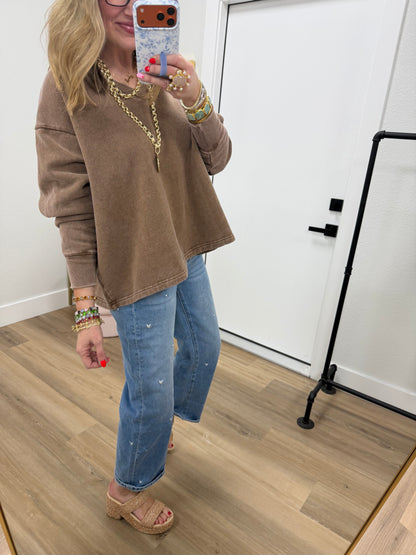 Brown Oversized Vneck Flowy Pullover Top FS