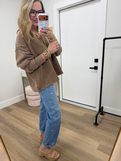 Brown Oversized Vneck Flowy Pullover Top FS