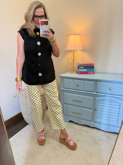 Black Waist Length Top with Embellished Snap Button