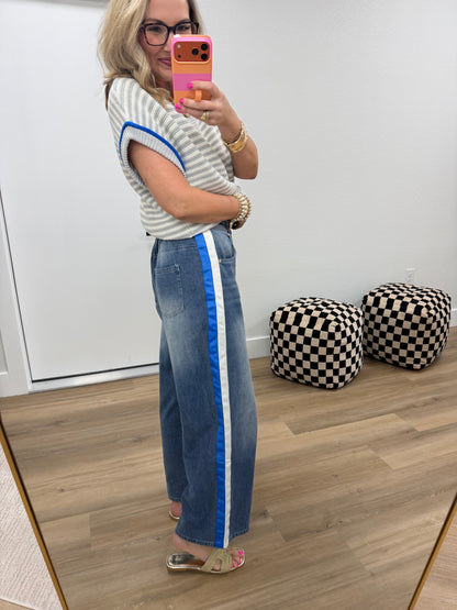 White & Royal Side Trim Accent Washed Denim Pants