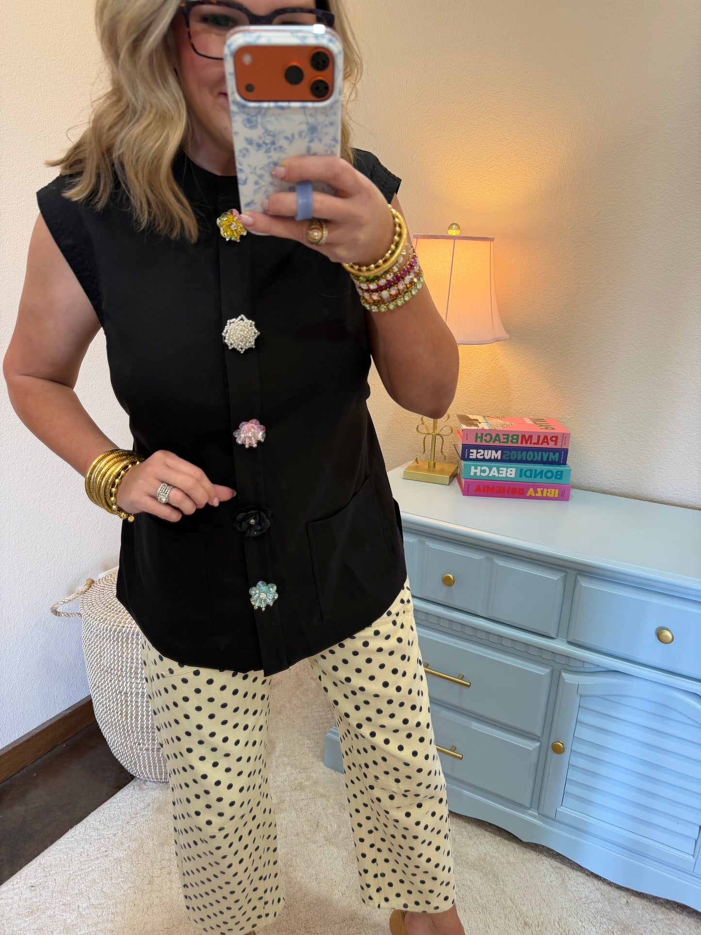 Black Waist Length Top with Embellished Snap Button