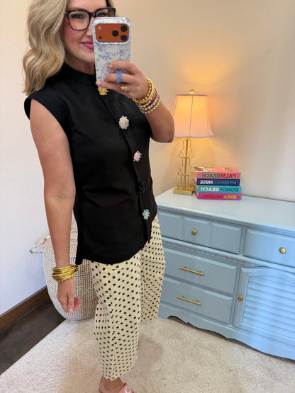 Black Waist Length Top with Embellished Snap Button