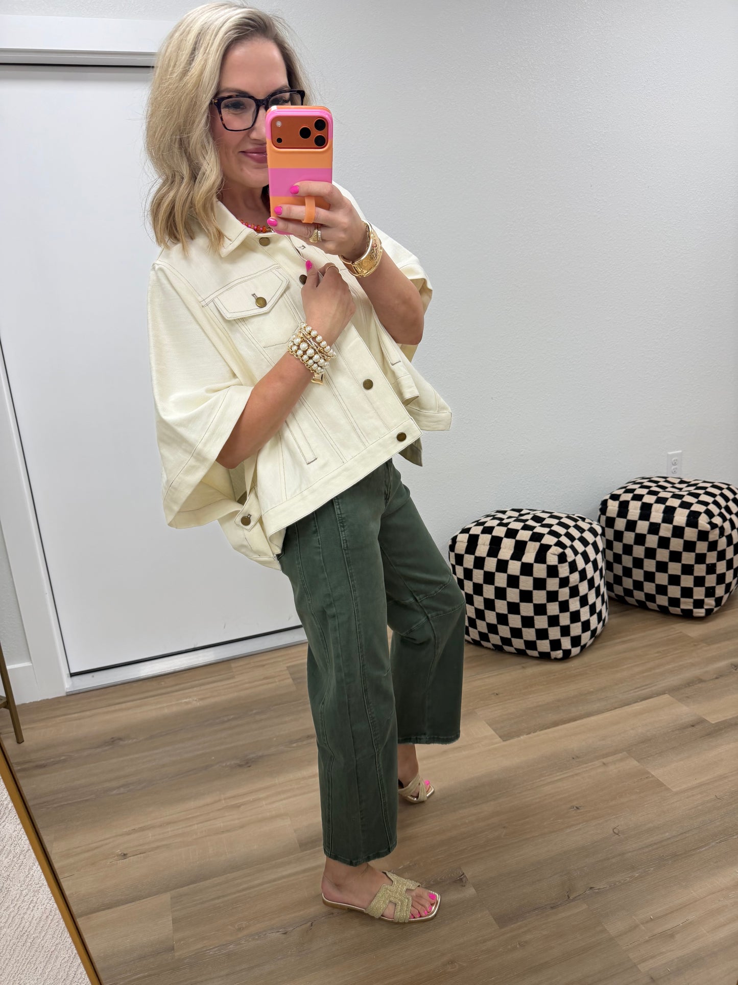 Cream Cape Sleeve Denim Jacket