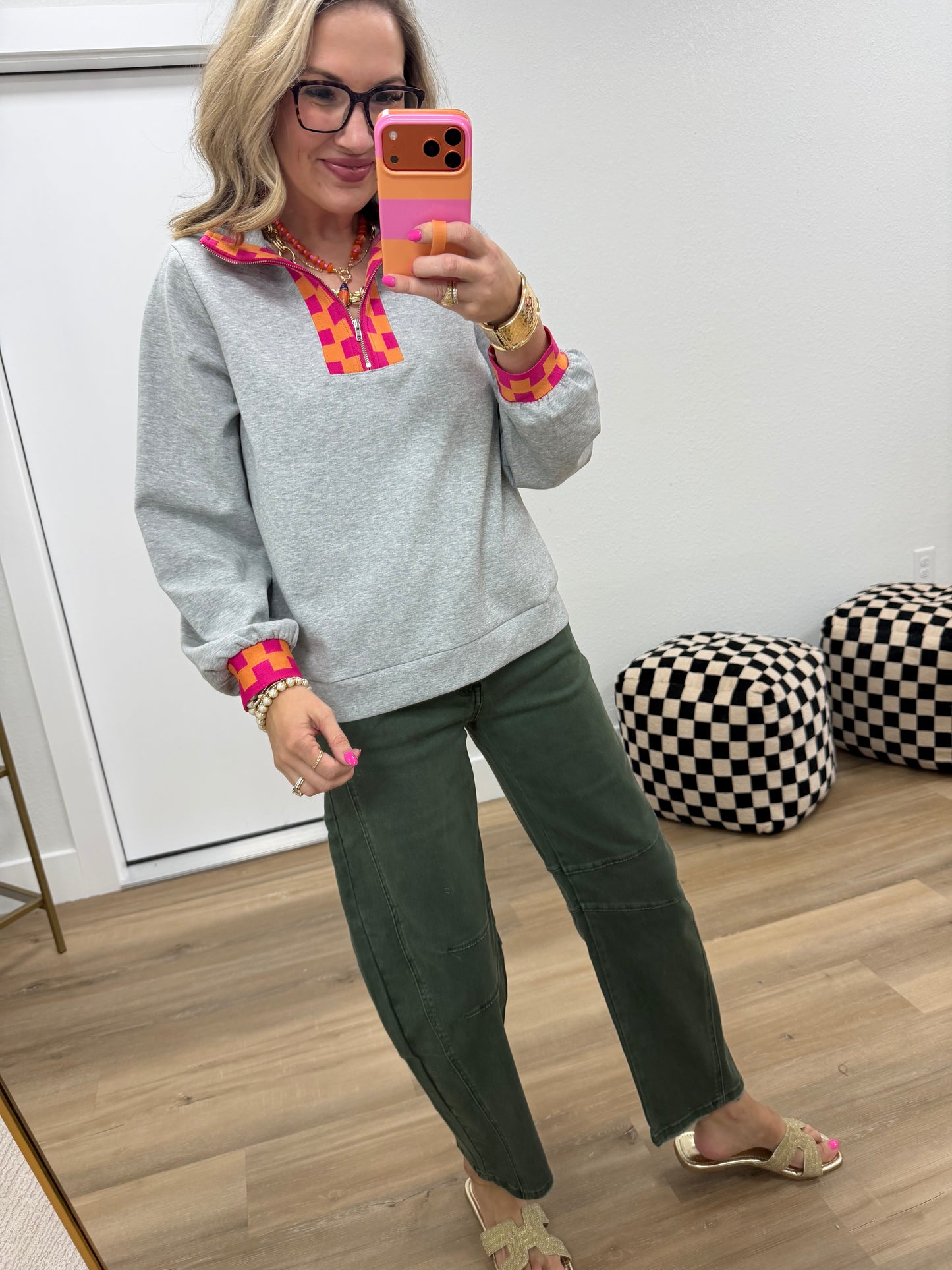Scuba Heather Gray Geo Pattern Contrast Zip Up Pullover Top