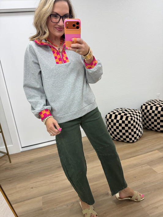 Scuba Heather Gray Geo Pattern Contrast Zip Up Pullover Top
