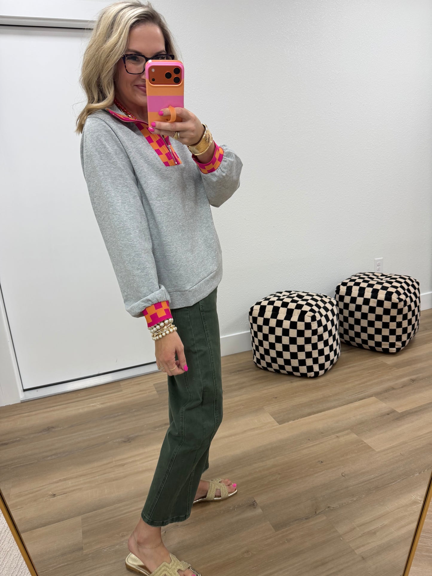 Scuba Heather Gray Geo Pattern Contrast Zip Up Pullover Top