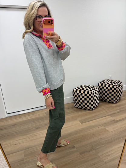 Scuba Heather Gray Geo Pattern Contrast Zip Up Pullover Top