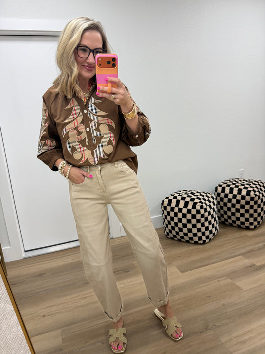 Ash Mocha Barrel- Leg Cropped Color Denim Pants