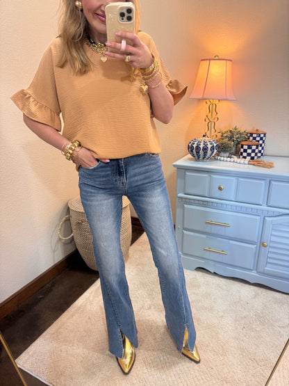 Front Seam Split High Rise Ankle Flare Jeans
