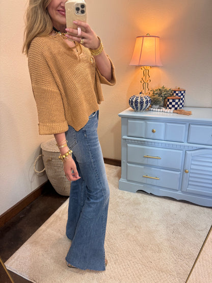 Front Seam Split High Rise Ankle Flare Jeans