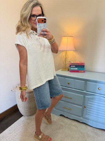 Off White Pigment Dye Sleeveless Polo Oversized Top