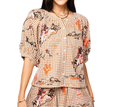 Queen of Sparkles Brown Gingham Bucking Cowgirl Button Up Cotton Top