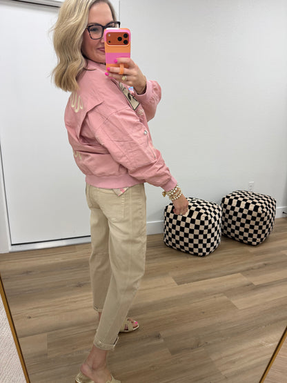 Pink West League Varsity Love Bomber Jacket