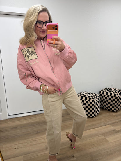 Pink West League Varsity Love Bomber Jacket