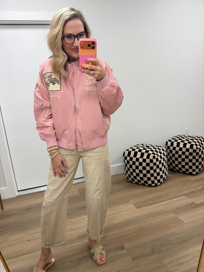 Pink West League Varsity Love Bomber Jacket