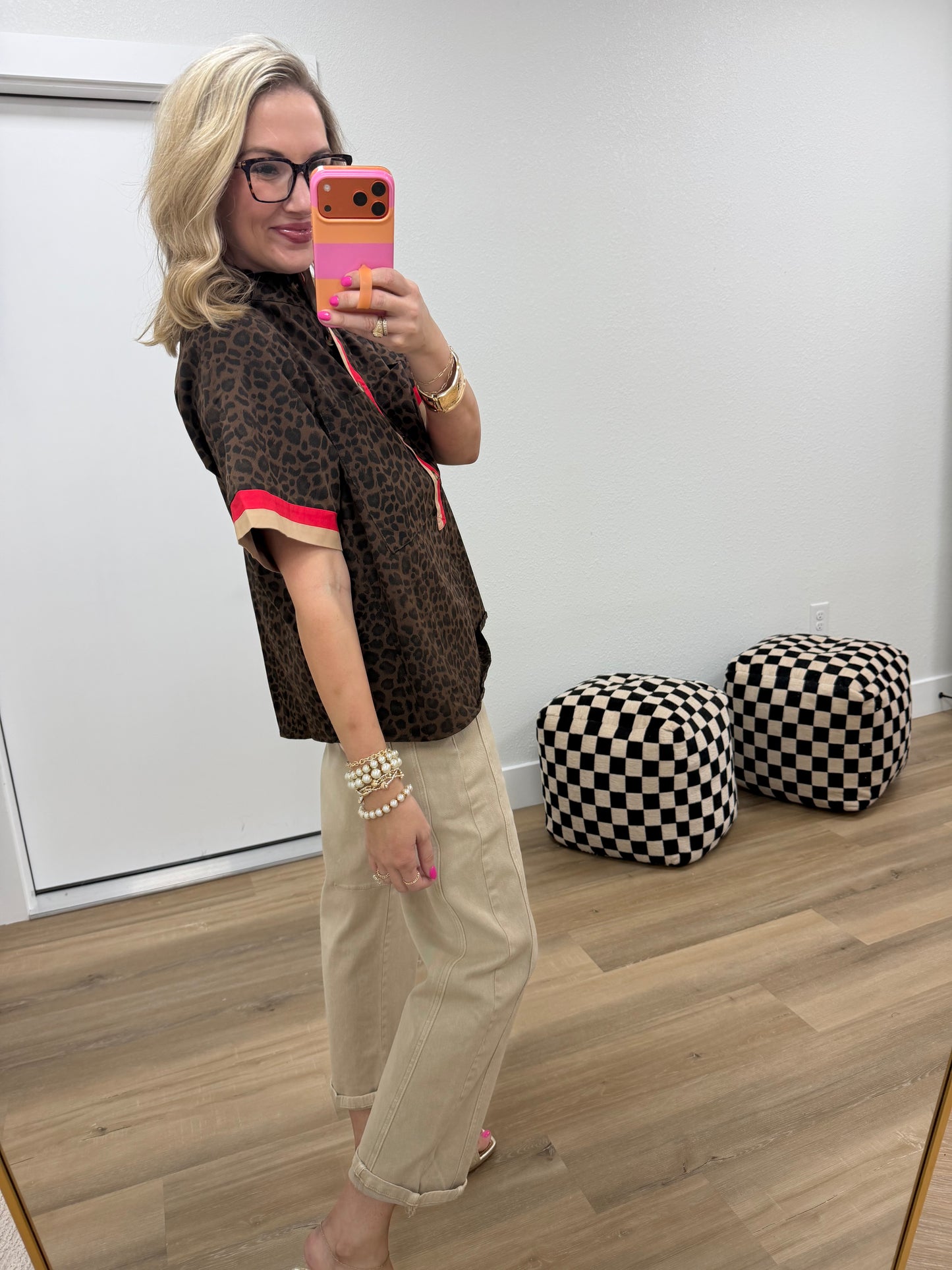 Brown Contrast Accent Mock Neck Leopard Top