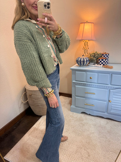 Sage Fluffy Knit Button-up Cardigan Sweater