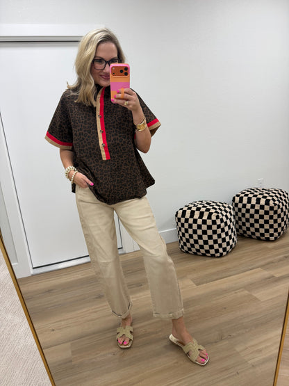 Brown Contrast Accent Mock Neck Leopard Top