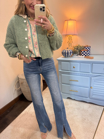 Sage Fluffy Knit Button-up Cardigan Sweater