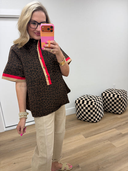 Brown Contrast Accent Mock Neck Leopard Top