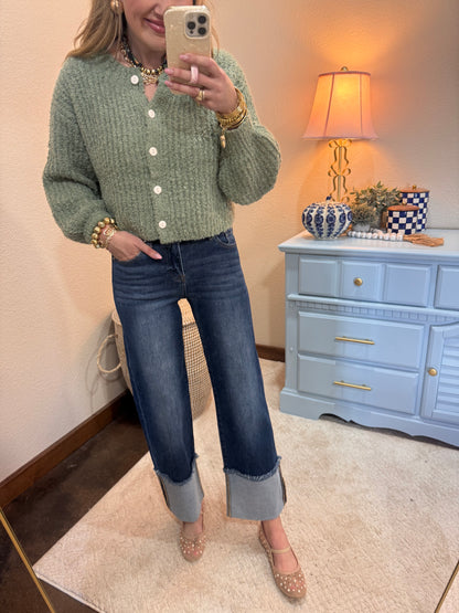 Sage Fluffy Knit Button-up Cardigan Sweater