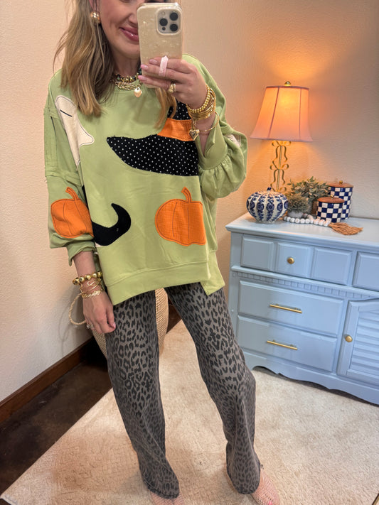 Light Olive Halloween Theme Patchwork French Terry Pullover