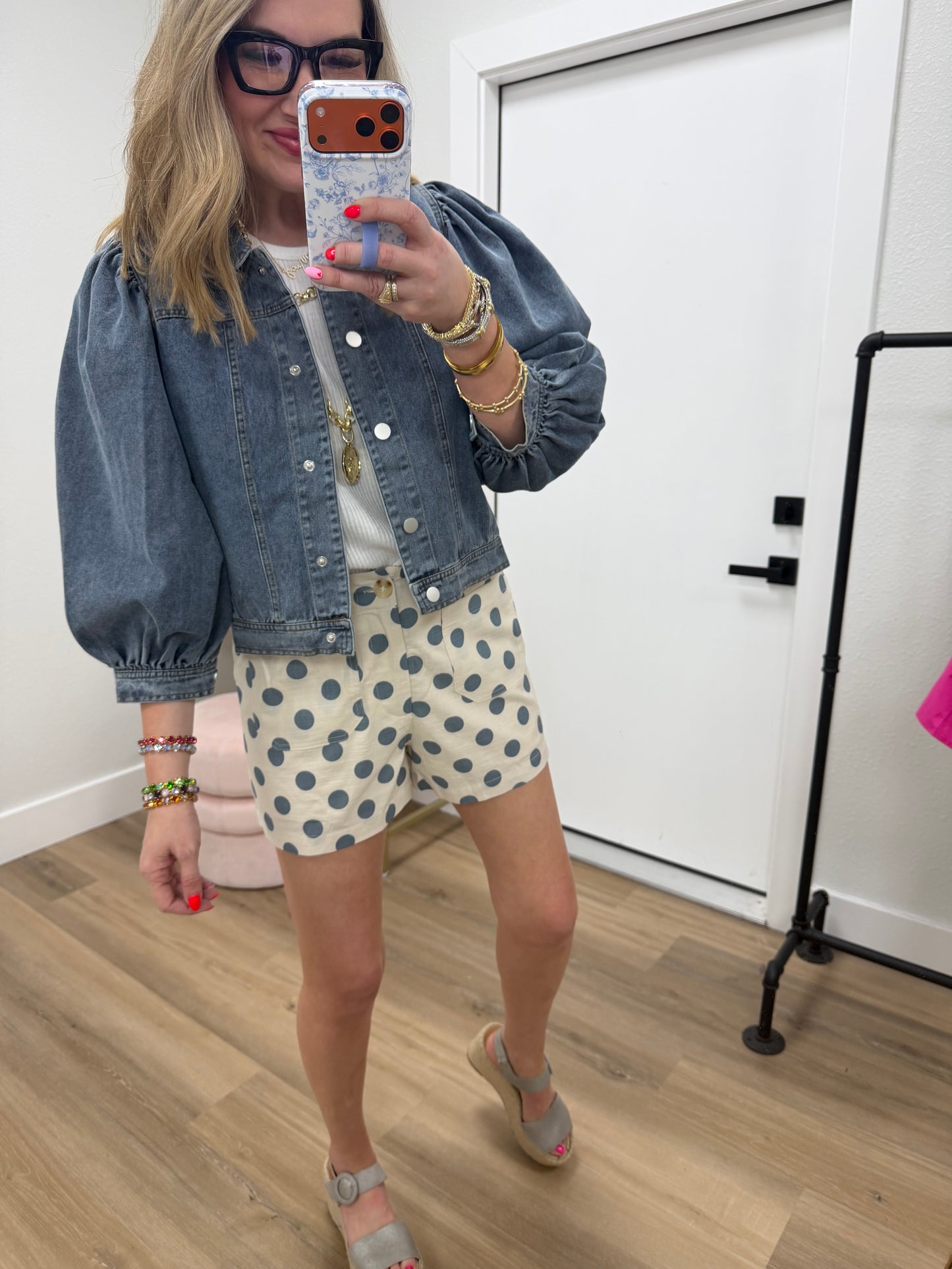 Blue Polka Dot Elastic Waist Shorts