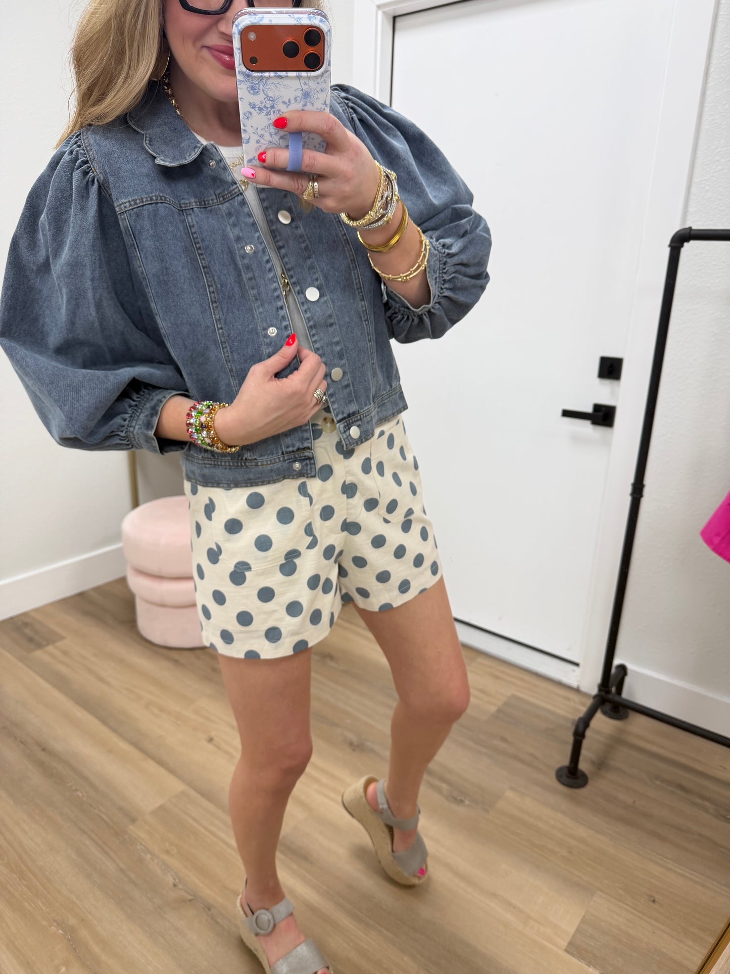 Blue Polka Dot Elastic Waist Shorts