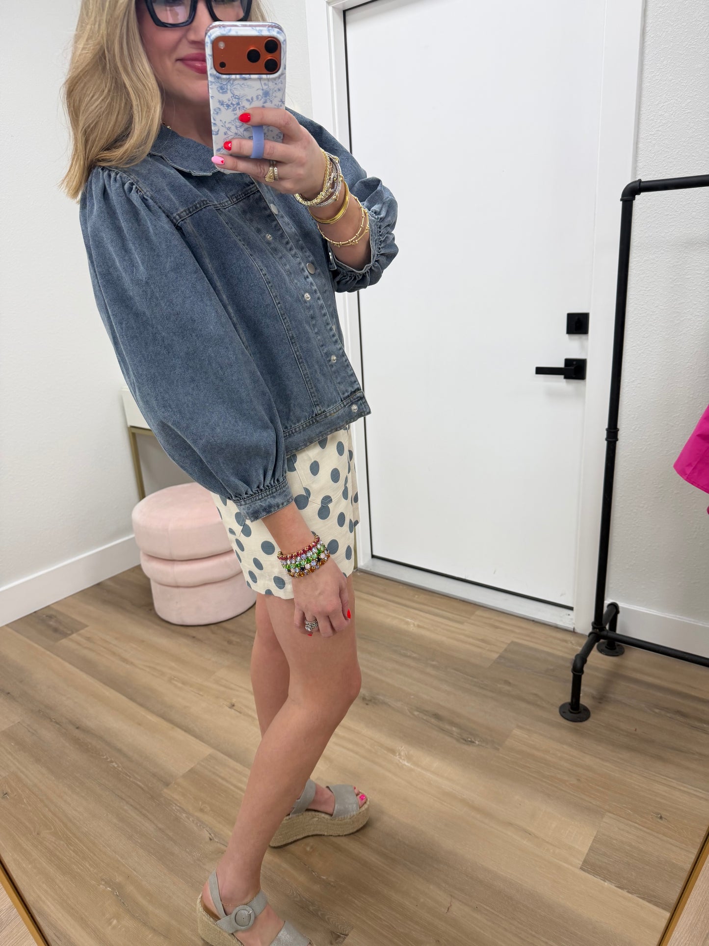 Blue Polka Dot Elastic Waist Shorts