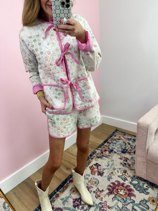 Floral Patchwork Quilted Jacket Two Piece Short Set FS