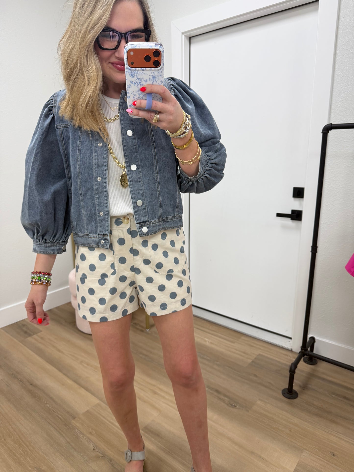 Blue Polka Dot Elastic Waist Shorts