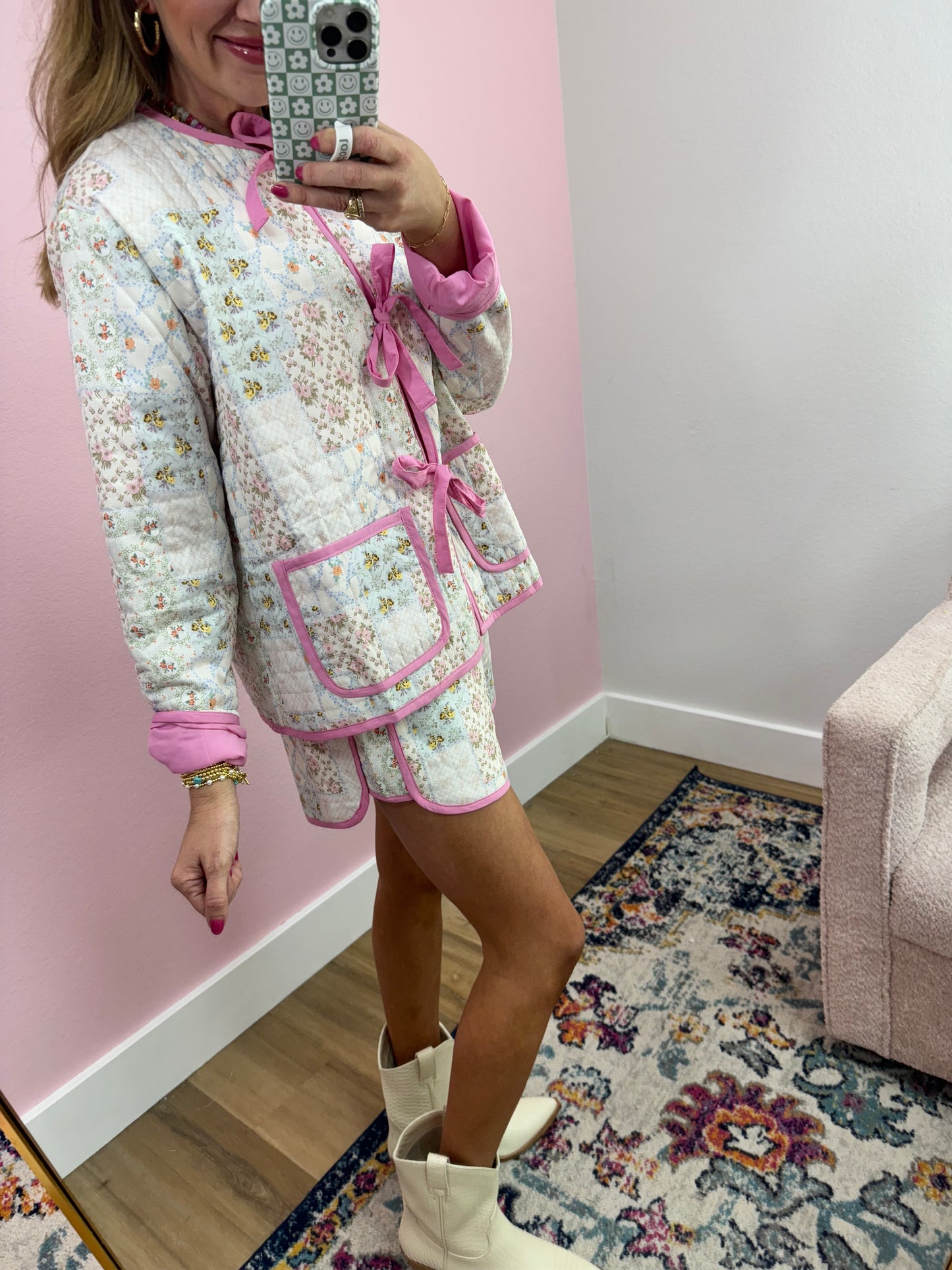 Floral Patchwork Quilted Jacket Two Piece Short Set FS