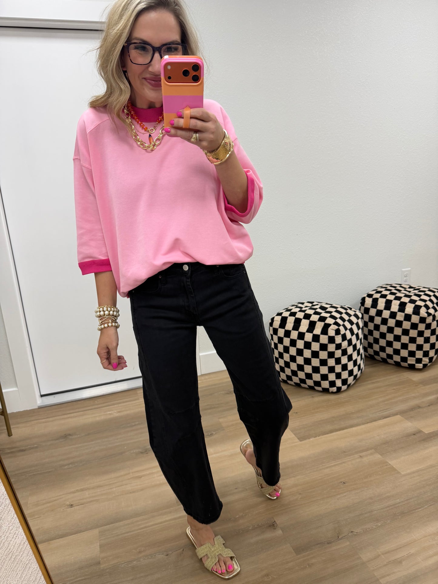 Pink Oversized Pullover Seam Detailed Top