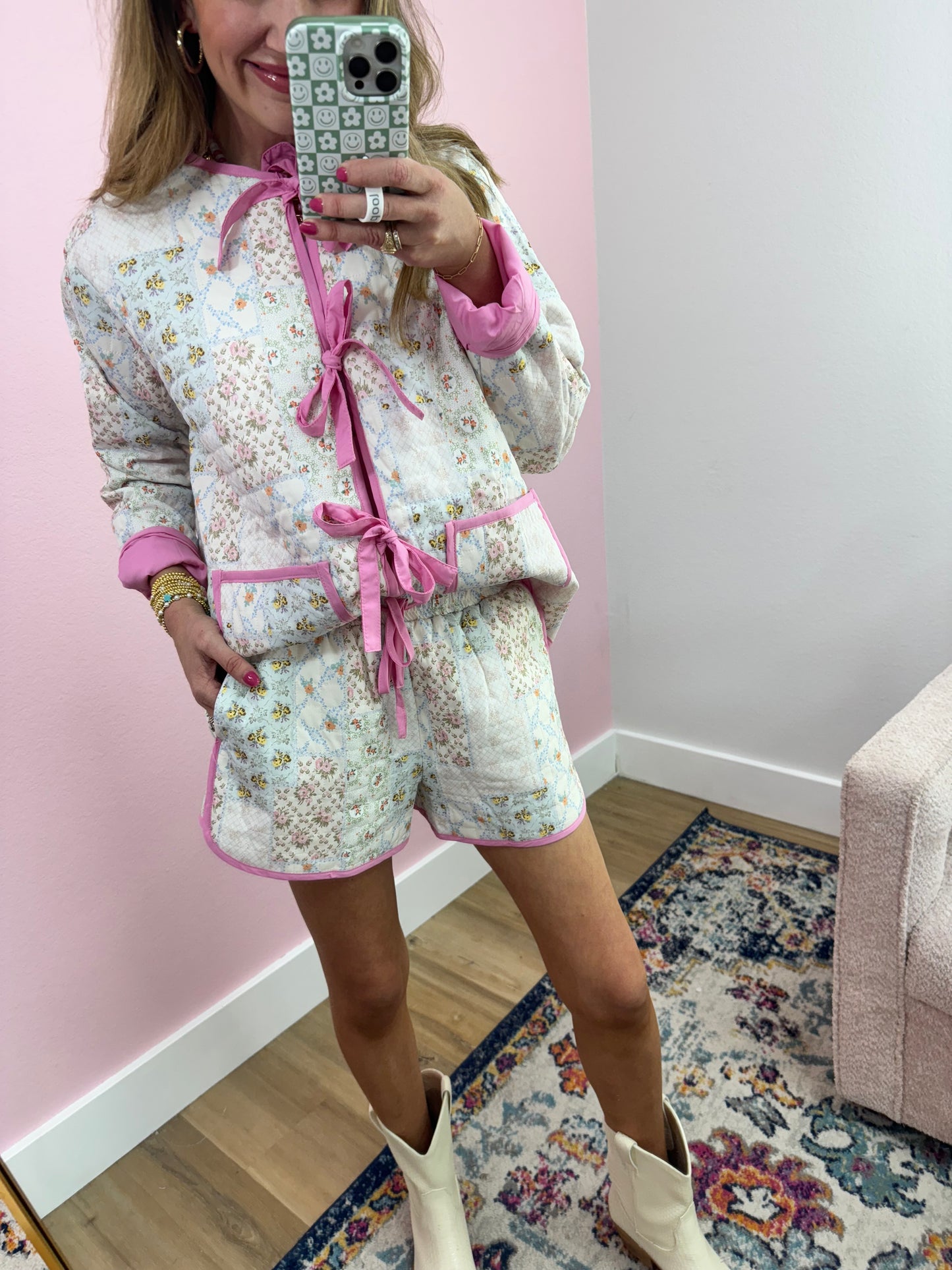 Floral Patchwork Quilted Jacket Two Piece Short Set FS