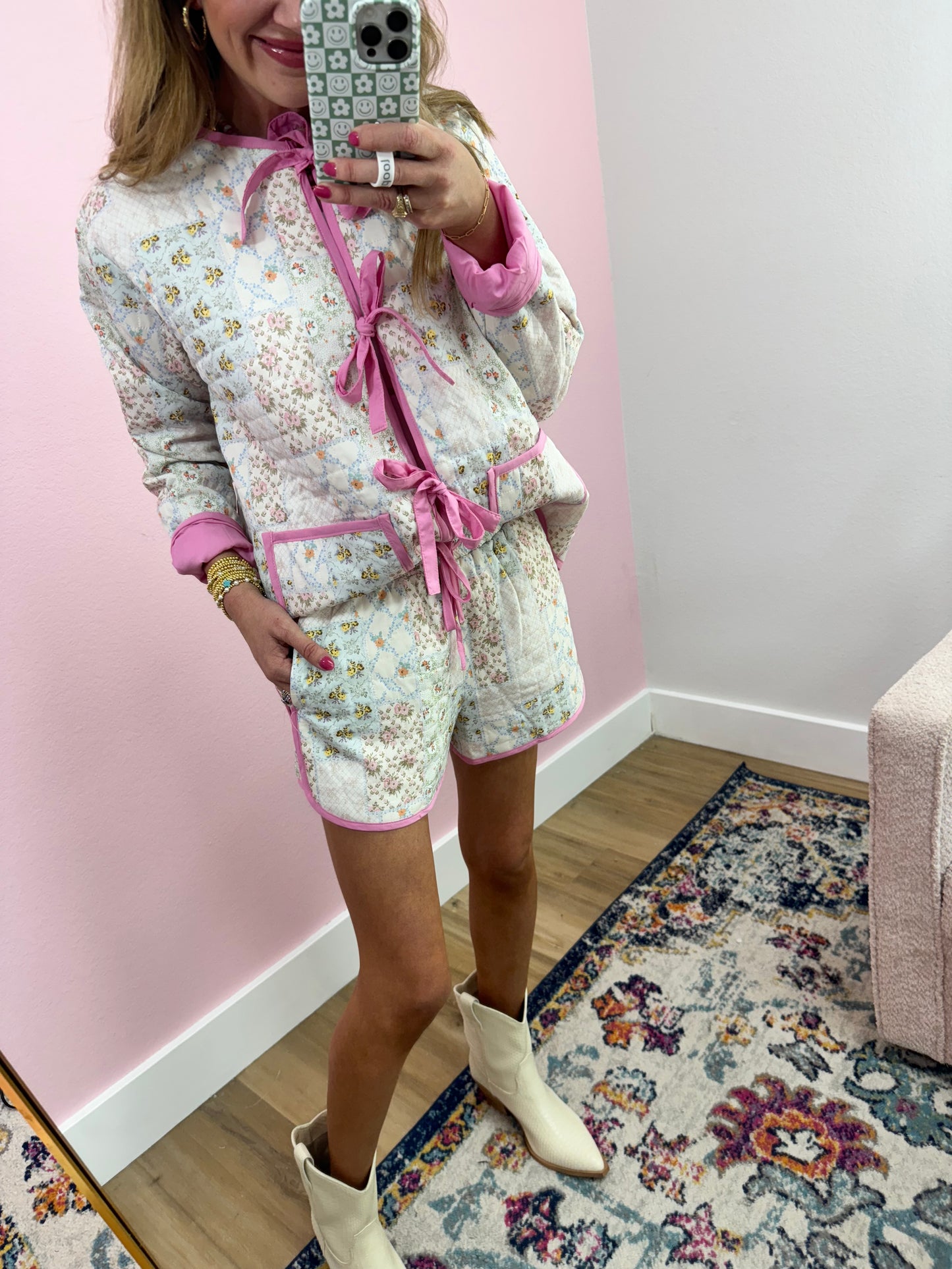 Floral Patchwork Quilted Jacket Two Piece Short Set FS
