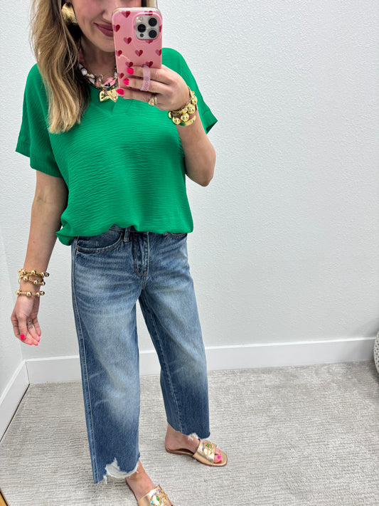 Green Poly Woven V-neck Short sleeve