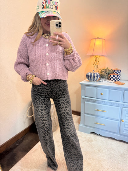 Purple Fluffy Knit Button-up Cardigan Sweater