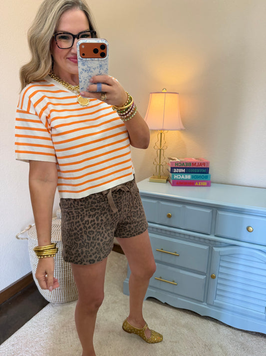 Orange Round Neck Striped Top