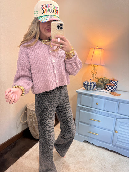 Purple Fluffy Knit Button-up Cardigan Sweater