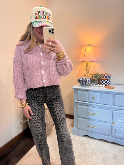 Purple Fluffy Knit Button-up Cardigan Sweater