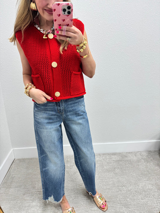 Red Knit Gold Button Top