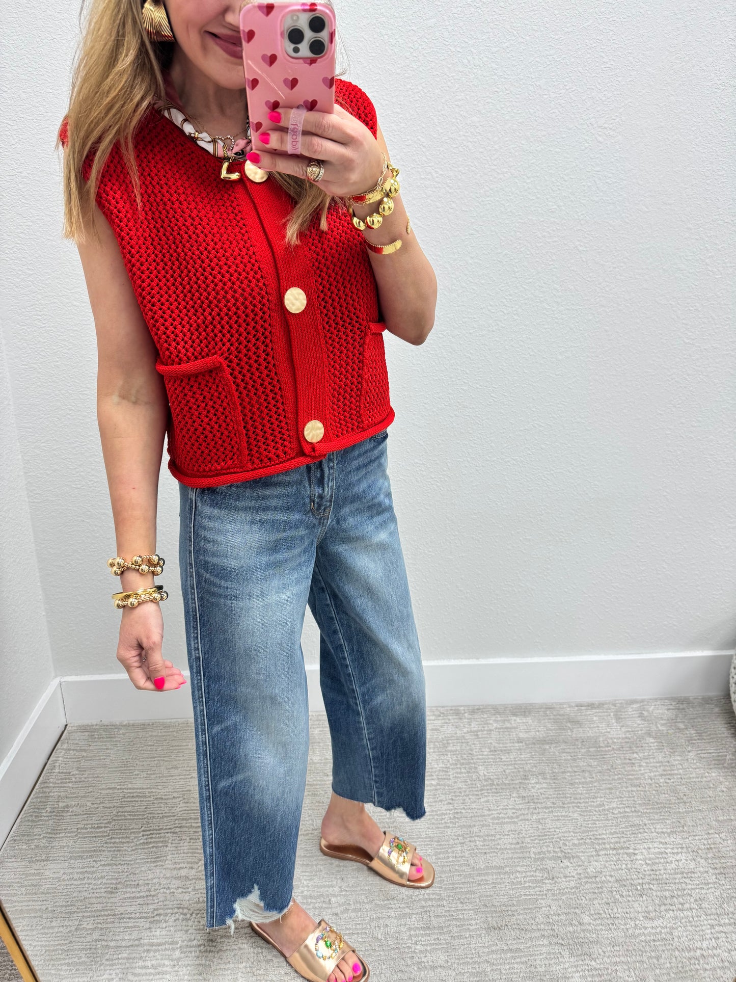 Red Knit Gold Button Top