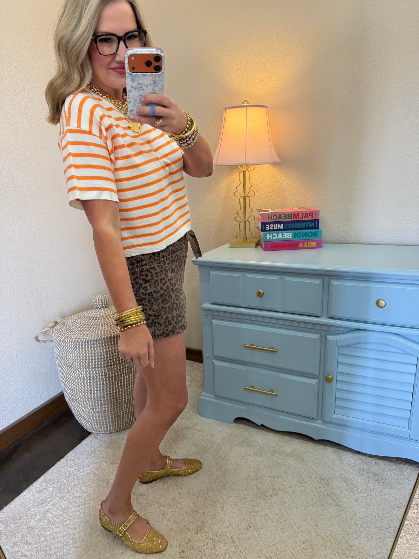 Orange Round Neck Striped Top