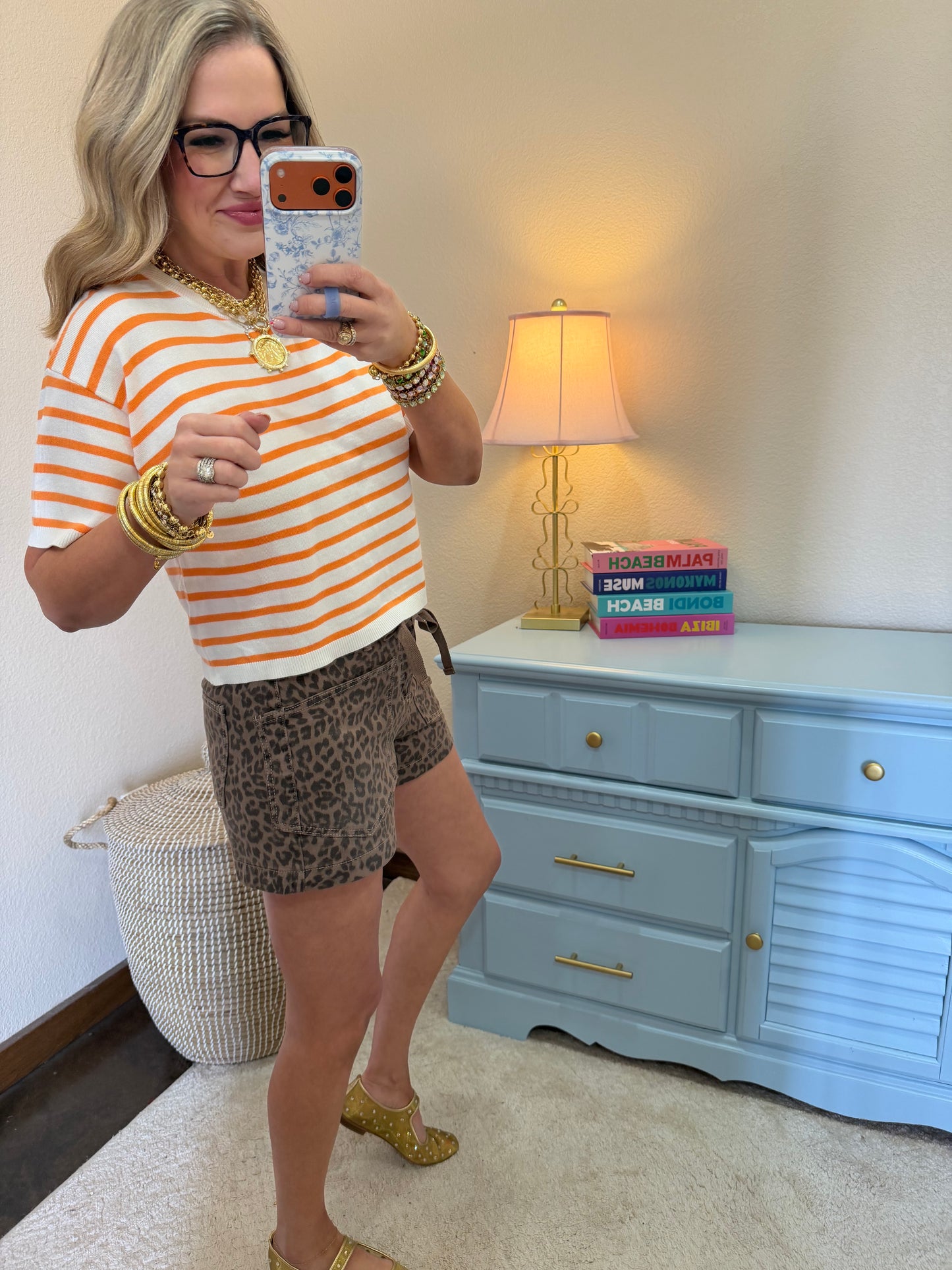 Orange Round Neck Striped Top